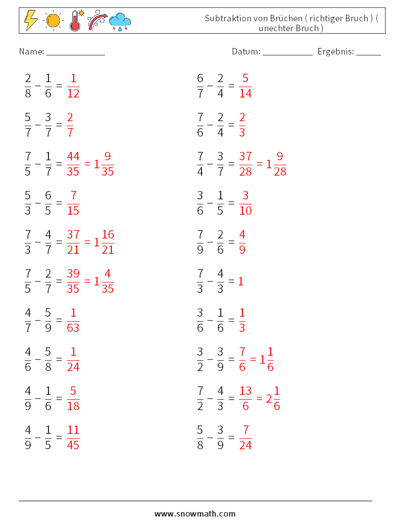 (20) Subtraktion von Brüchen ( richtiger Bruch ) ( unechter Bruch ) Mathe-Arbeitsblätter 15 Frage, Antwort