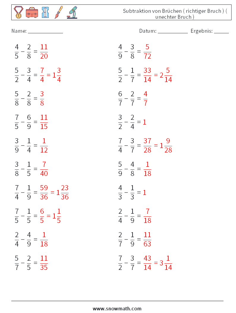 (20) Subtraktion von Brüchen ( richtiger Bruch ) ( unechter Bruch ) Mathe-Arbeitsblätter 16 Frage, Antwort