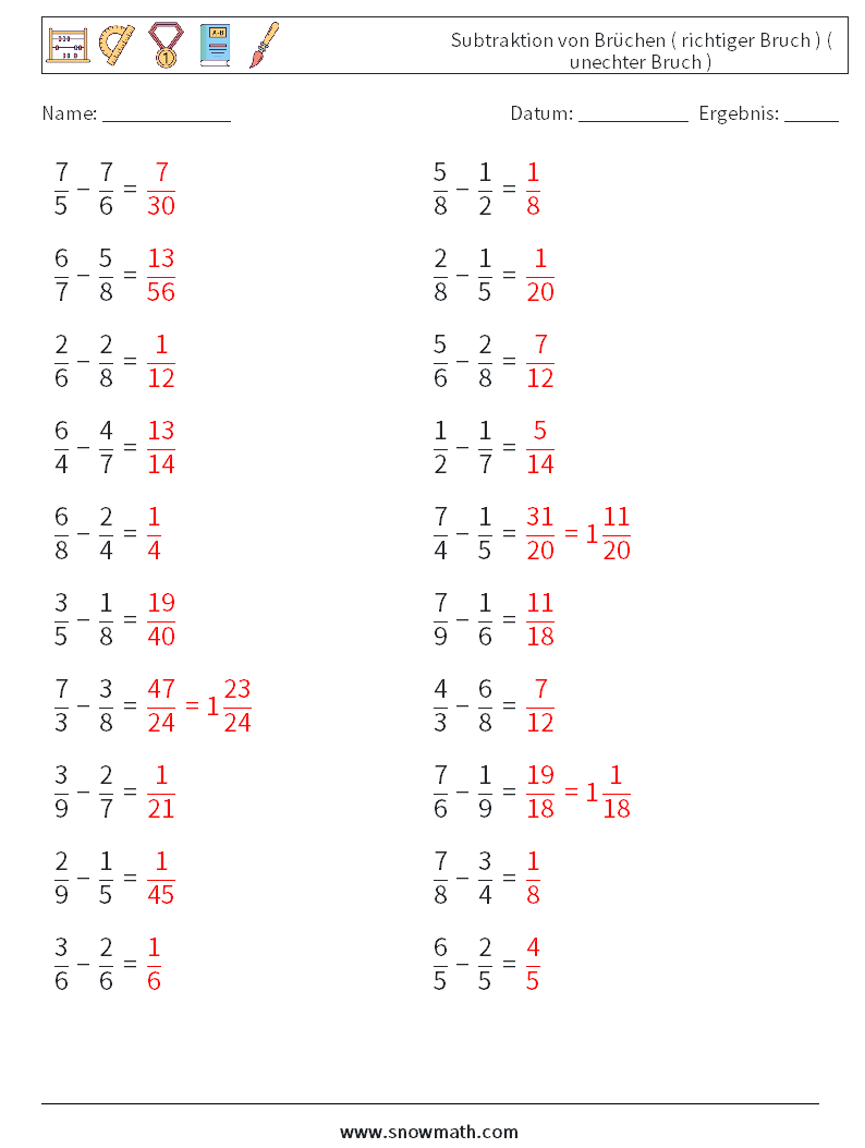 (20) Subtraktion von Brüchen ( richtiger Bruch ) ( unechter Bruch ) Mathe-Arbeitsblätter 17 Frage, Antwort