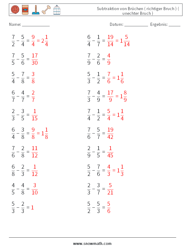 (20) Subtraktion von Brüchen ( richtiger Bruch ) ( unechter Bruch ) Mathe-Arbeitsblätter 18 Frage, Antwort