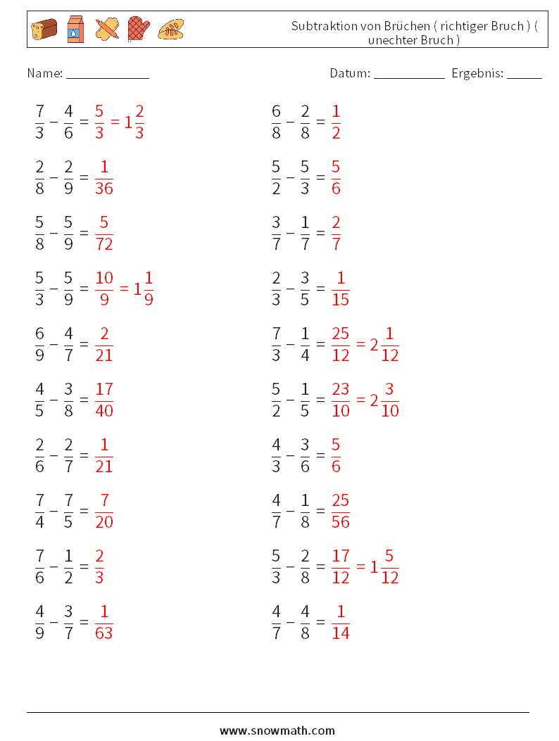 (20) Subtraktion von Brüchen ( richtiger Bruch ) ( unechter Bruch ) Mathe-Arbeitsblätter 1 Frage, Antwort