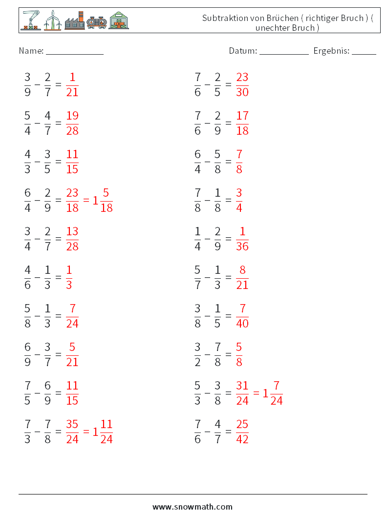 (20) Subtraktion von Brüchen ( richtiger Bruch ) ( unechter Bruch ) Mathe-Arbeitsblätter 2 Frage, Antwort