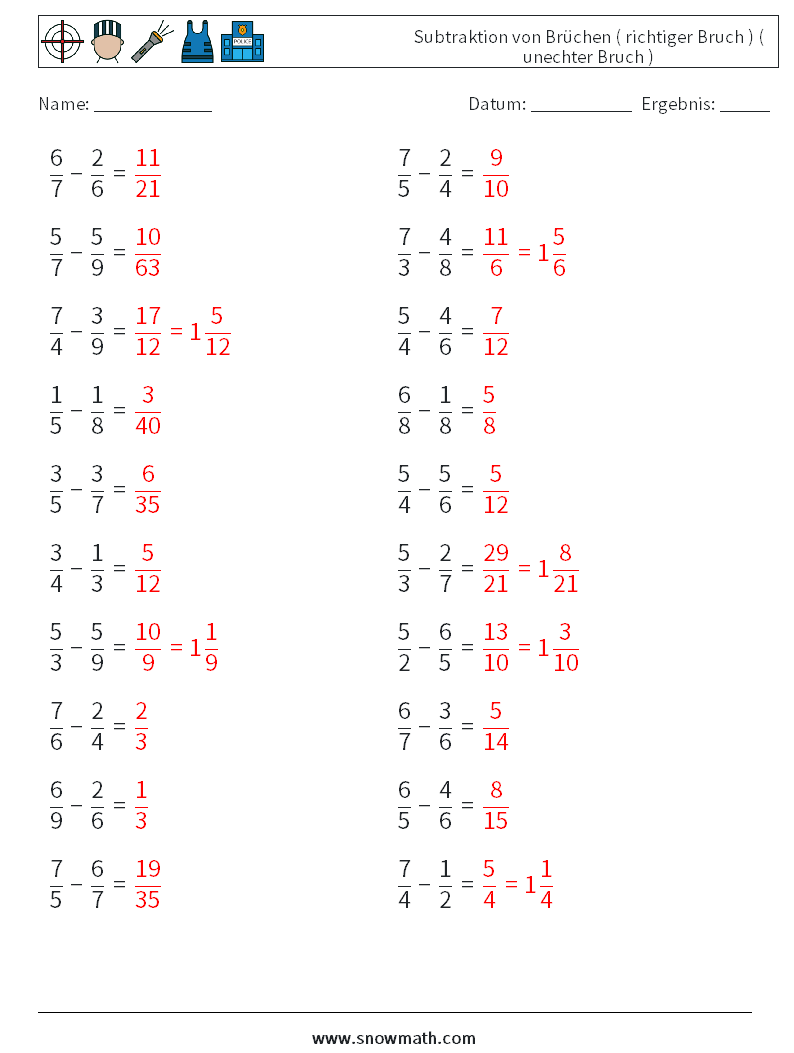 (20) Subtraktion von Brüchen ( richtiger Bruch ) ( unechter Bruch ) Mathe-Arbeitsblätter 3 Frage, Antwort