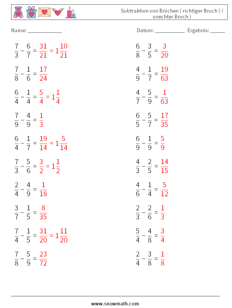 (20) Subtraktion von Brüchen ( richtiger Bruch ) ( unechter Bruch ) Mathe-Arbeitsblätter 4 Frage, Antwort