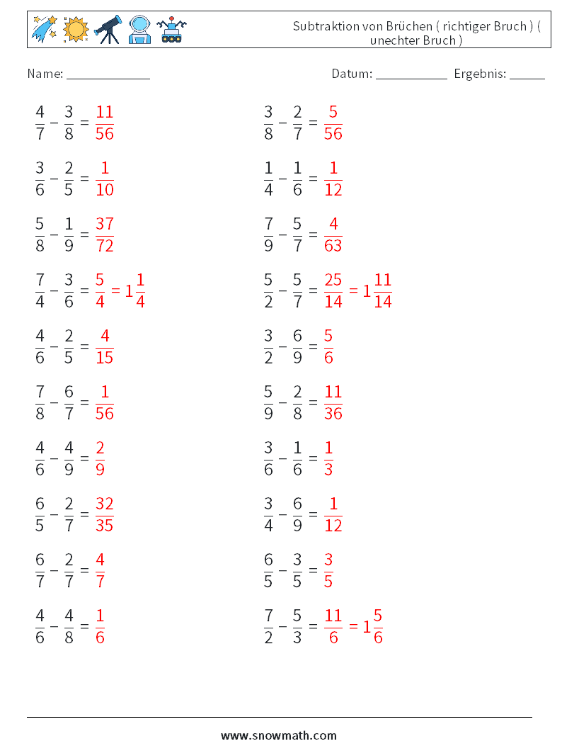 (20) Subtraktion von Brüchen ( richtiger Bruch ) ( unechter Bruch ) Mathe-Arbeitsblätter 5 Frage, Antwort