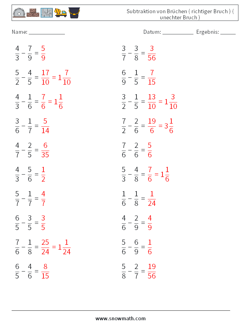 (20) Subtraktion von Brüchen ( richtiger Bruch ) ( unechter Bruch ) Mathe-Arbeitsblätter 6 Frage, Antwort