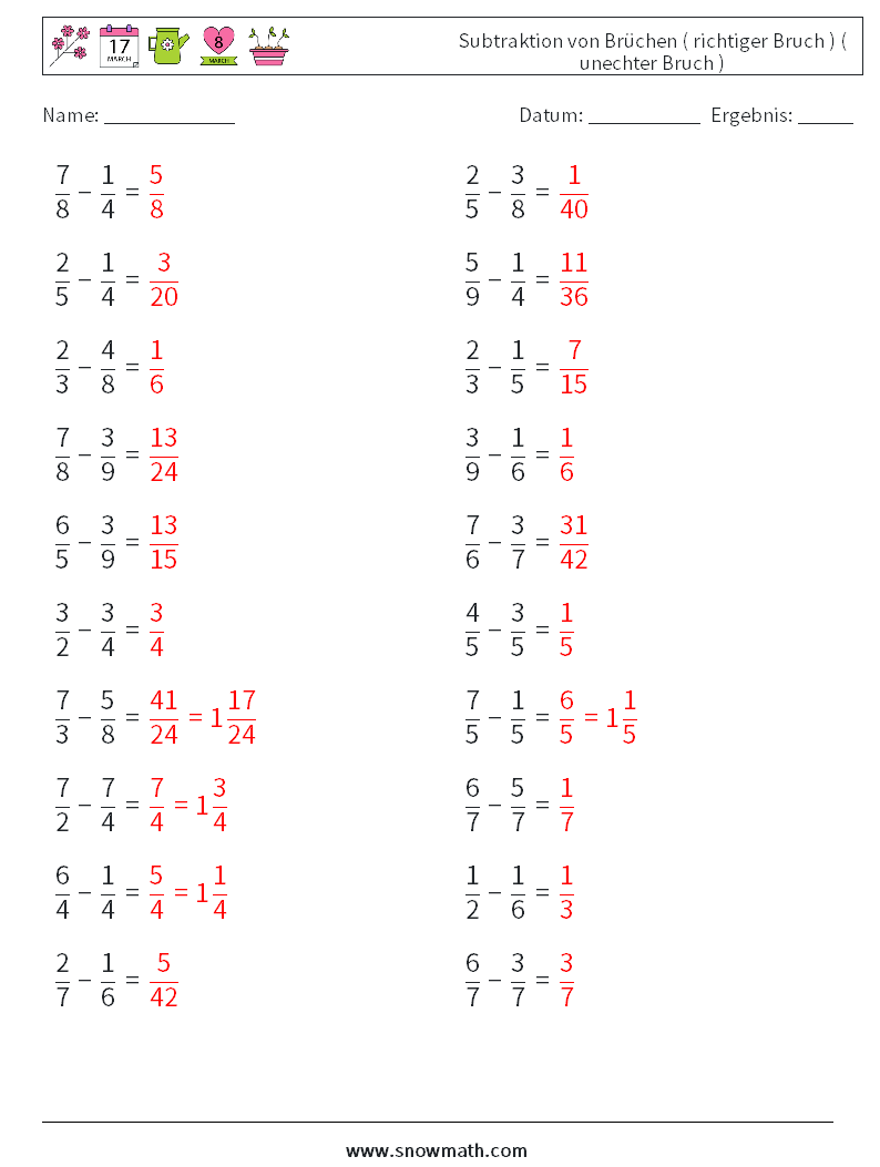 (20) Subtraktion von Brüchen ( richtiger Bruch ) ( unechter Bruch ) Mathe-Arbeitsblätter 7 Frage, Antwort