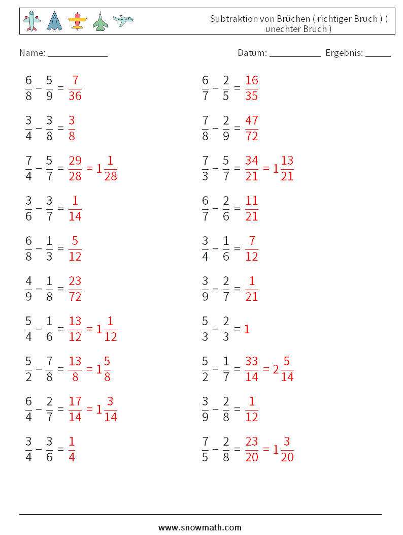 (20) Subtraktion von Brüchen ( richtiger Bruch ) ( unechter Bruch ) Mathe-Arbeitsblätter 8 Frage, Antwort
