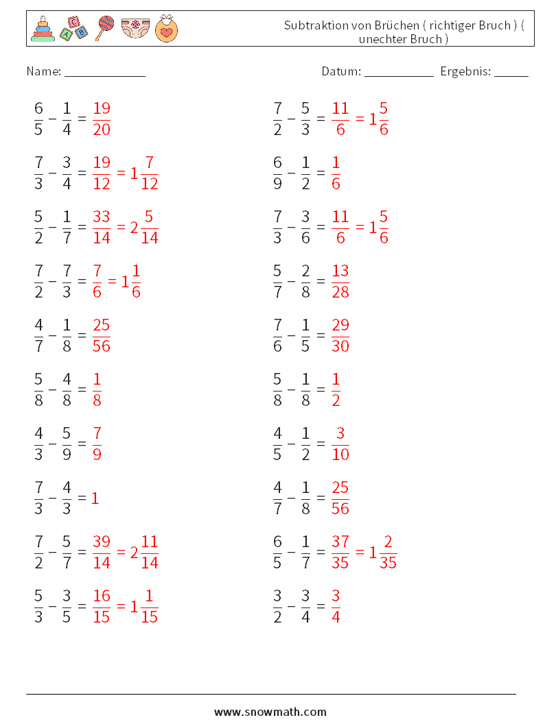 (20) Subtraktion von Brüchen ( richtiger Bruch ) ( unechter Bruch ) Mathe-Arbeitsblätter 9 Frage, Antwort