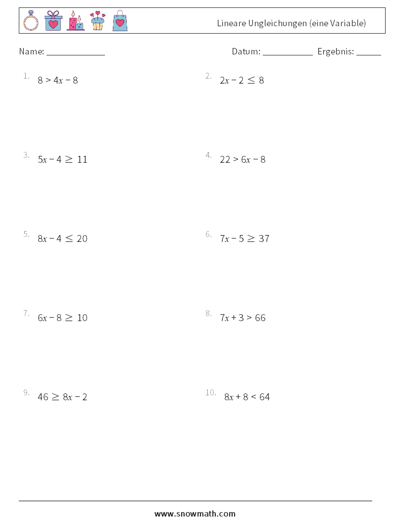 Lineare Ungleichungen (eine Variable) Mathe-Arbeitsblätter 8
