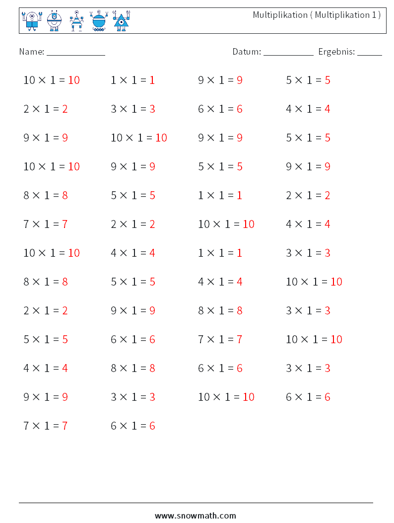 (50) Multiplikation ( Multiplikation 1 ) Mathe-Arbeitsblätter 2 Frage, Antwort