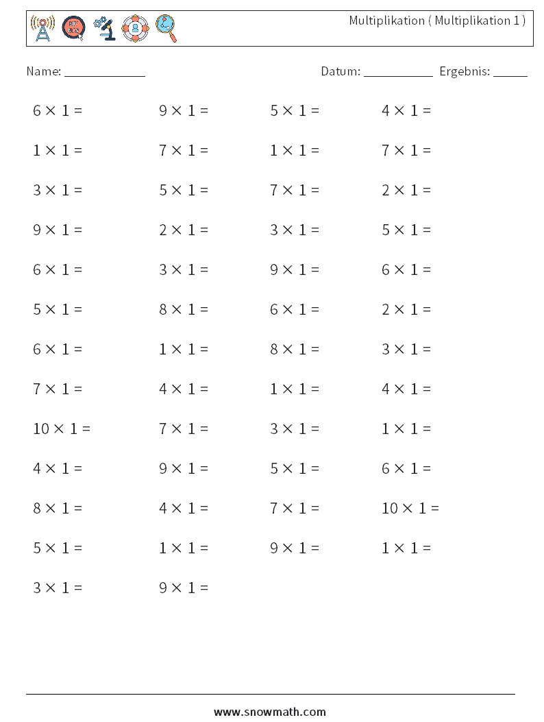 (50) Multiplikation ( Multiplikation 1 ) Mathe-Arbeitsblätter 3