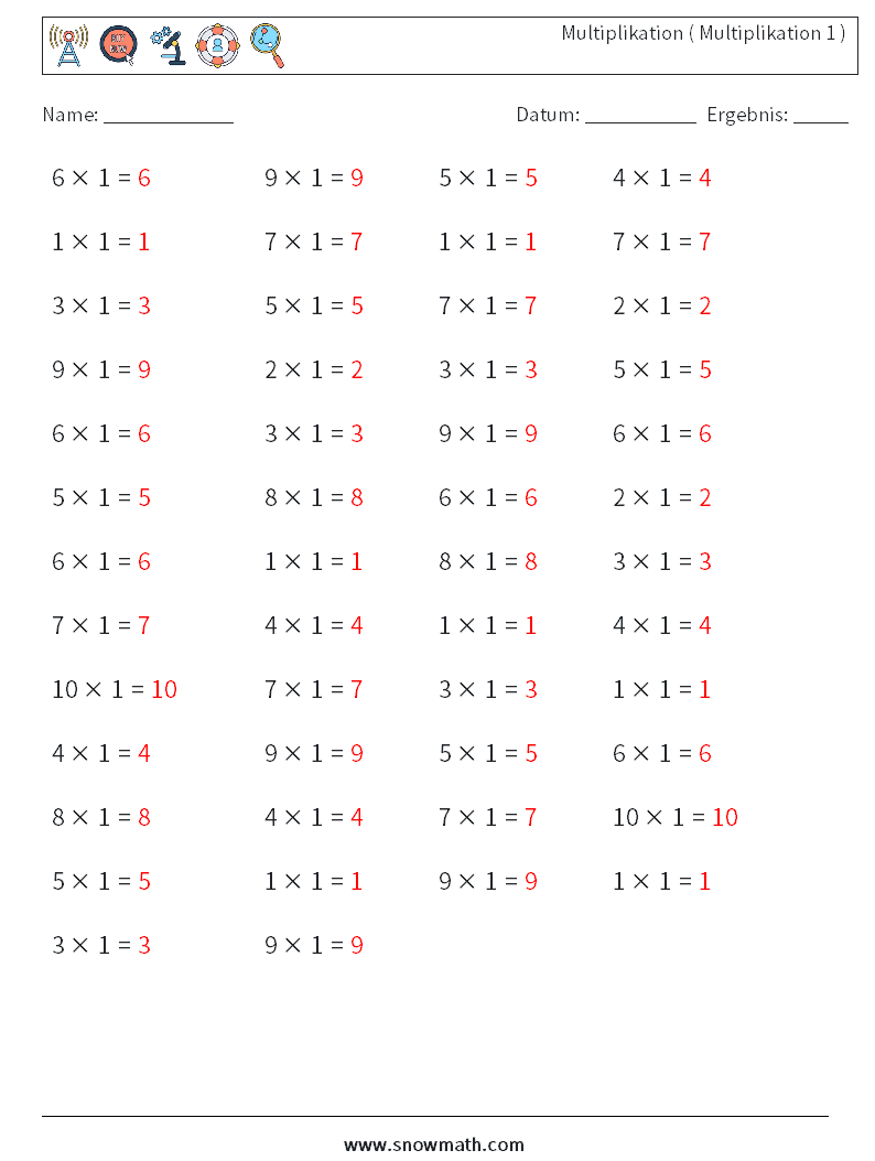 (50) Multiplikation ( Multiplikation 1 ) Mathe-Arbeitsblätter 3 Frage, Antwort