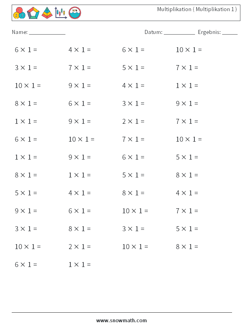 (50) Multiplikation ( Multiplikation 1 ) Mathe-Arbeitsblätter 6