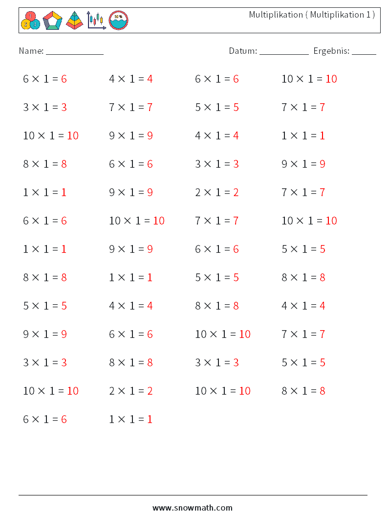 (50) Multiplikation ( Multiplikation 1 ) Mathe-Arbeitsblätter 6 Frage, Antwort
