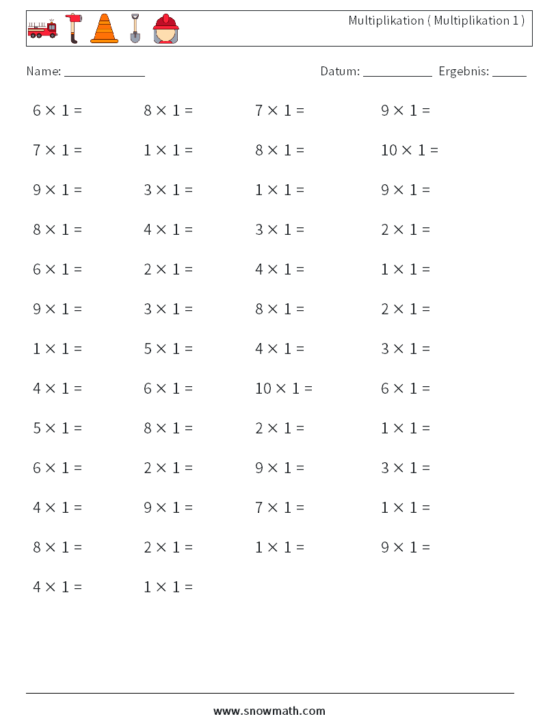 (50) Multiplikation ( Multiplikation 1 ) Mathe-Arbeitsblätter 7