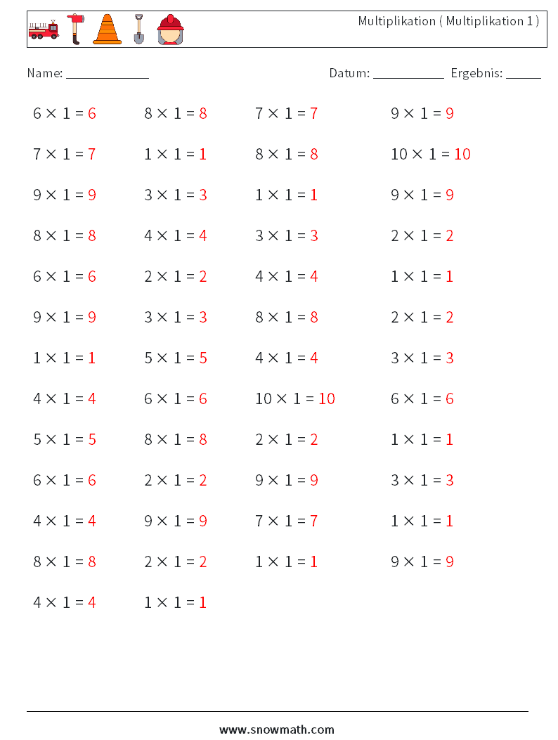 (50) Multiplikation ( Multiplikation 1 ) Mathe-Arbeitsblätter 7 Frage, Antwort