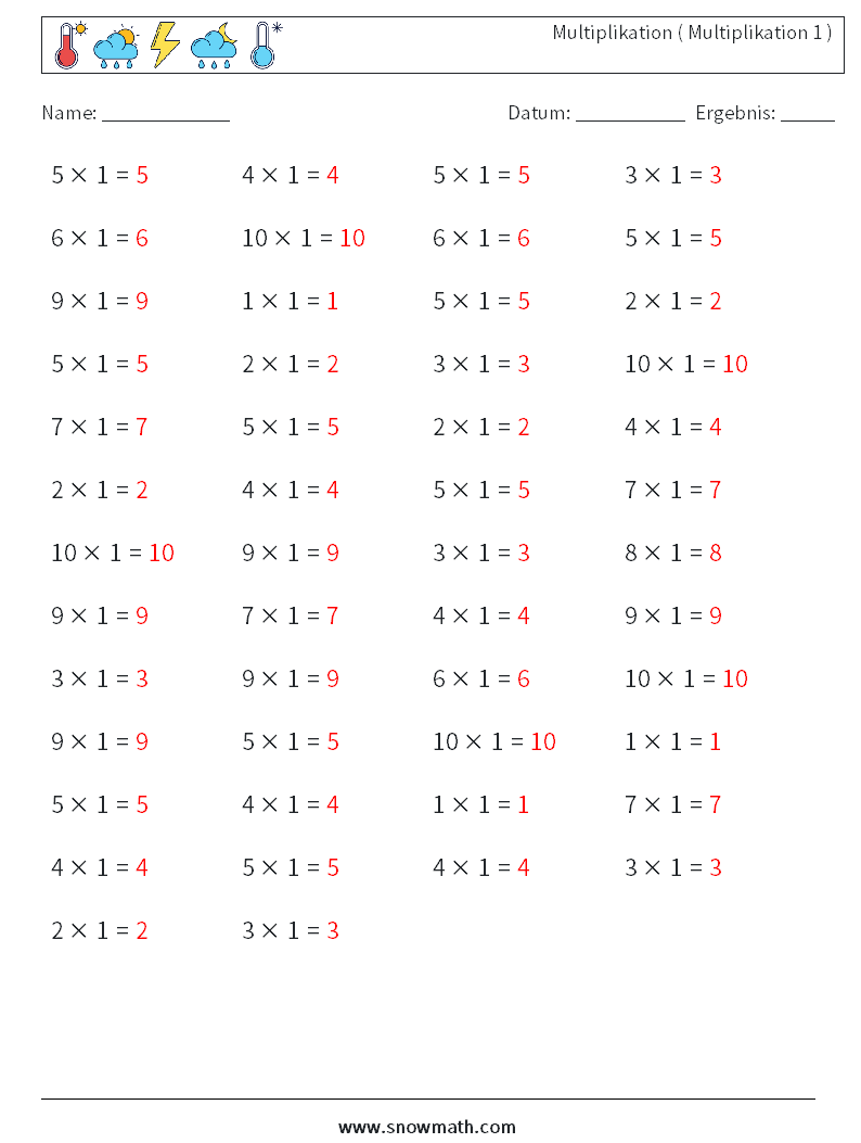 (50) Multiplikation ( Multiplikation 1 ) Mathe-Arbeitsblätter 8 Frage, Antwort