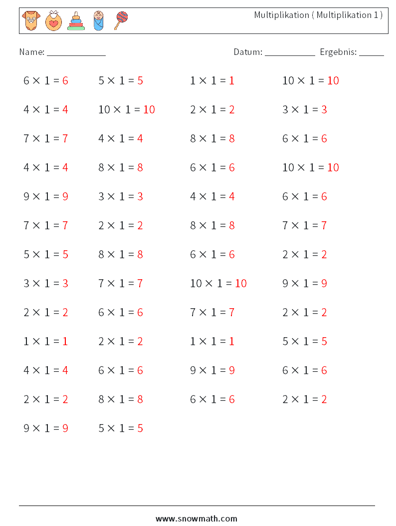 (50) Multiplikation ( Multiplikation 1 ) Mathe-Arbeitsblätter 9 Frage, Antwort