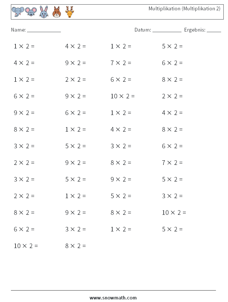 (50) Multiplikation (Multiplikation 2) Mathe-Arbeitsblätter 3