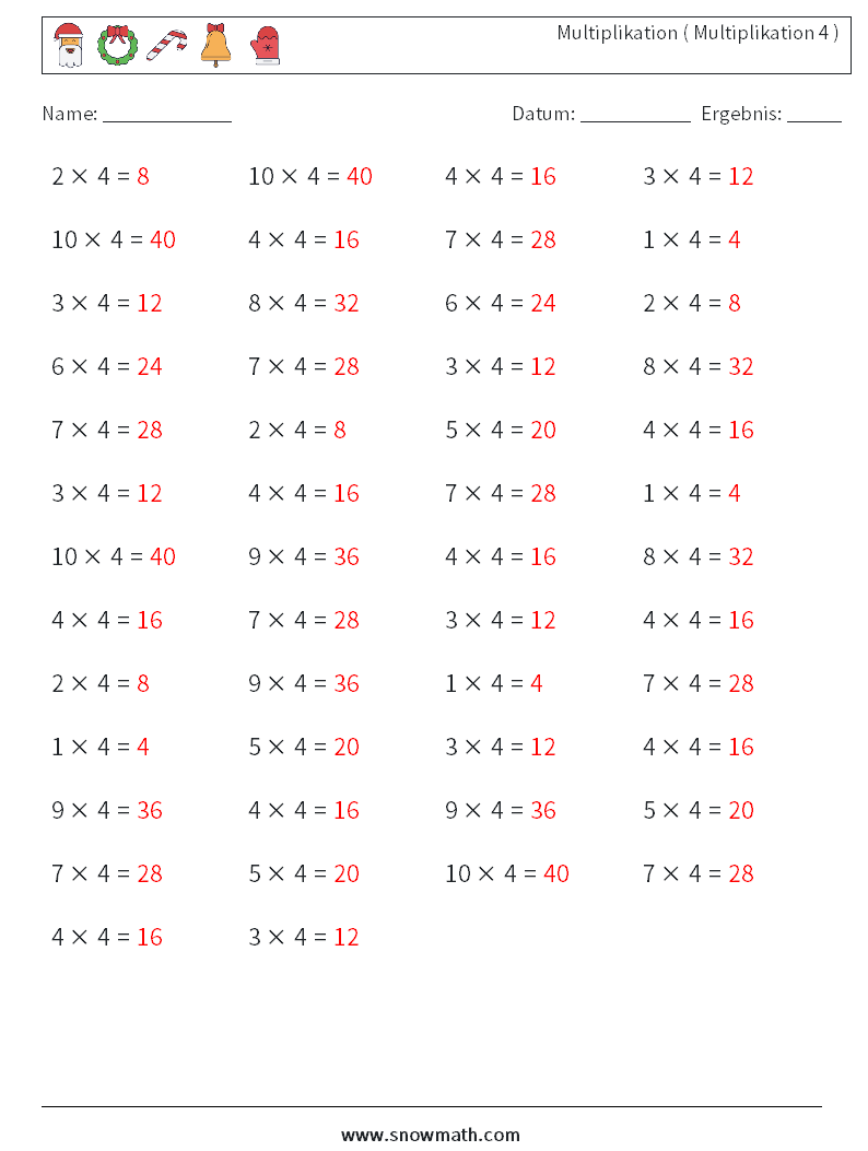 (50) Multiplikation ( Multiplikation 4 ) Mathe-Arbeitsblätter 2 Frage, Antwort