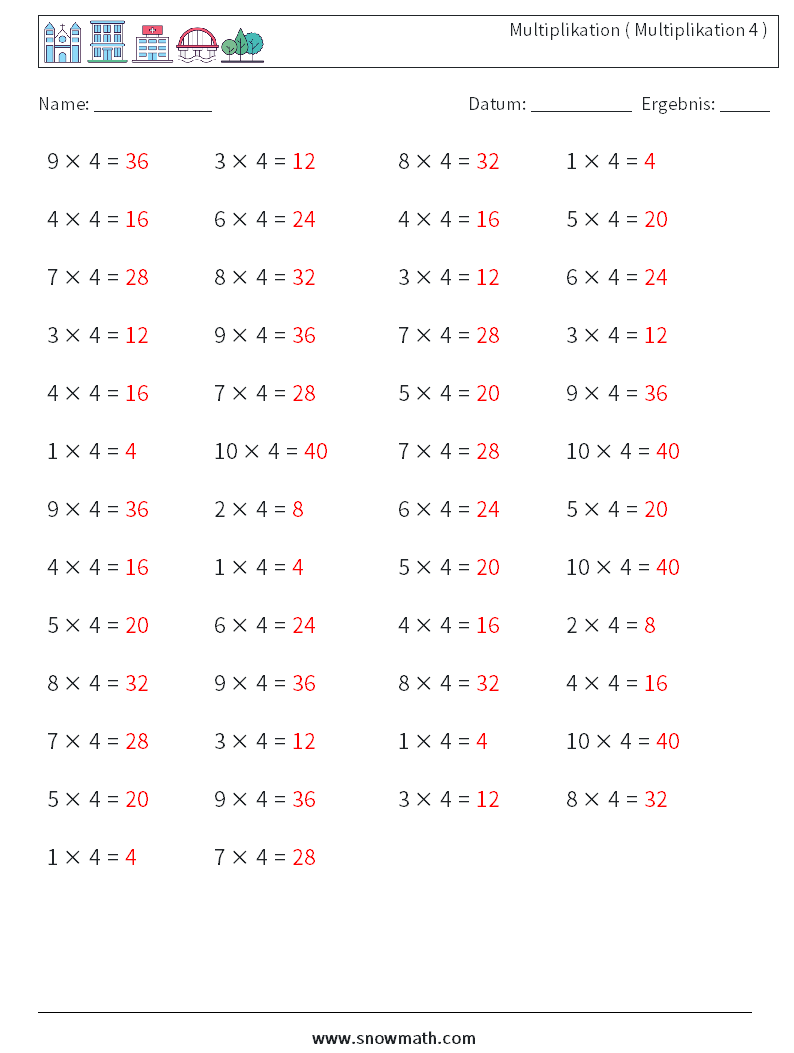 (50) Multiplikation ( Multiplikation 4 ) Mathe-Arbeitsblätter 7 Frage, Antwort