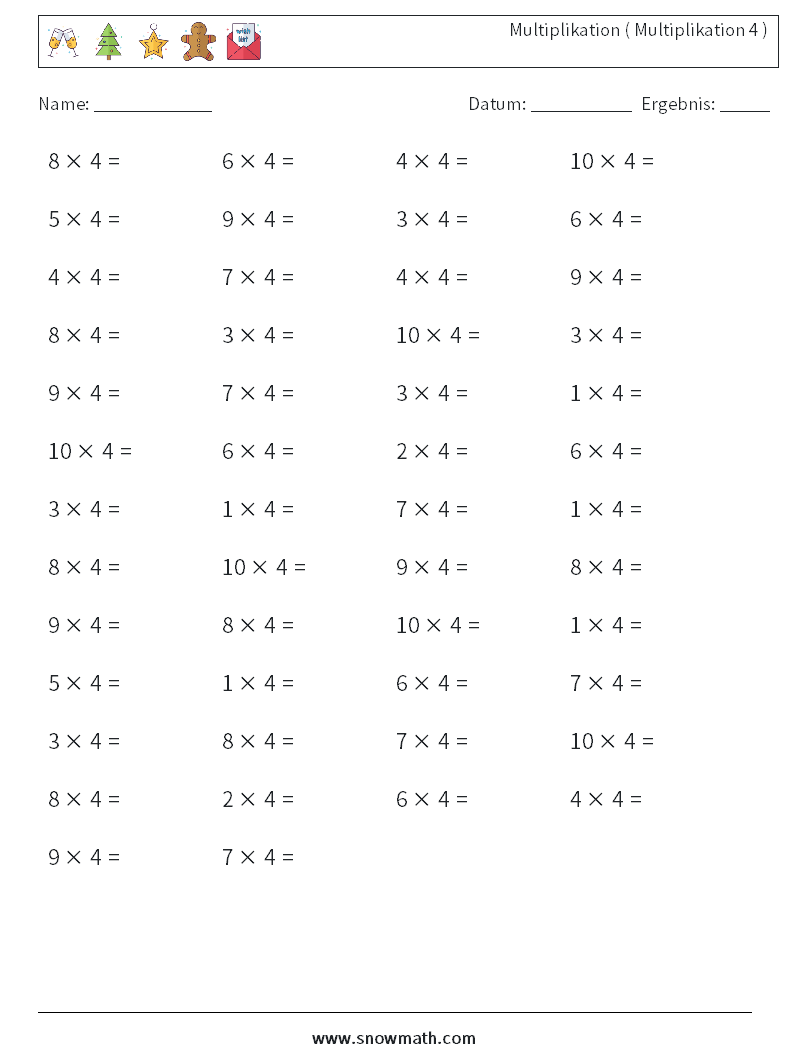 (50) Multiplikation ( Multiplikation 4 ) Mathe-Arbeitsblätter 9