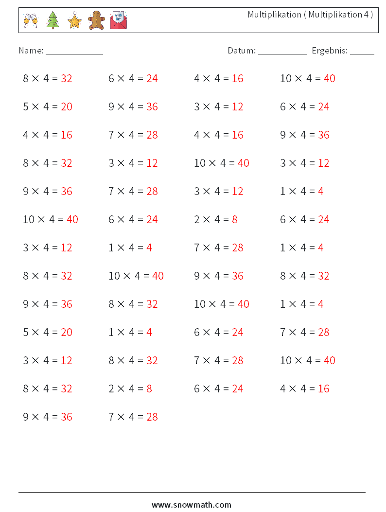 (50) Multiplikation ( Multiplikation 4 ) Mathe-Arbeitsblätter 9 Frage, Antwort