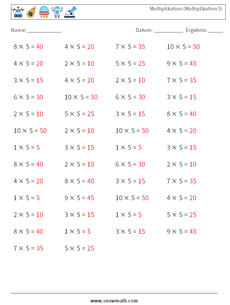 (50) Multiplikation (Multiplikation 5) Mathe-Arbeitsblätter 3 Frage, Antwort