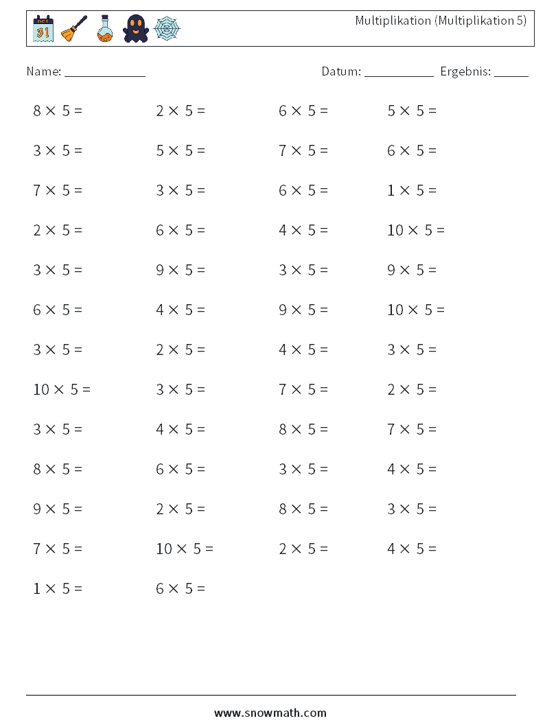 (50) Multiplikation (Multiplikation 5) Mathe-Arbeitsblätter 6