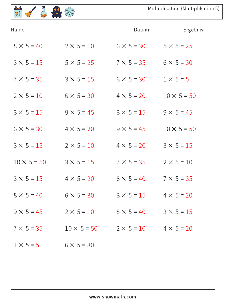 (50) Multiplikation (Multiplikation 5) Mathe-Arbeitsblätter 6 Frage, Antwort