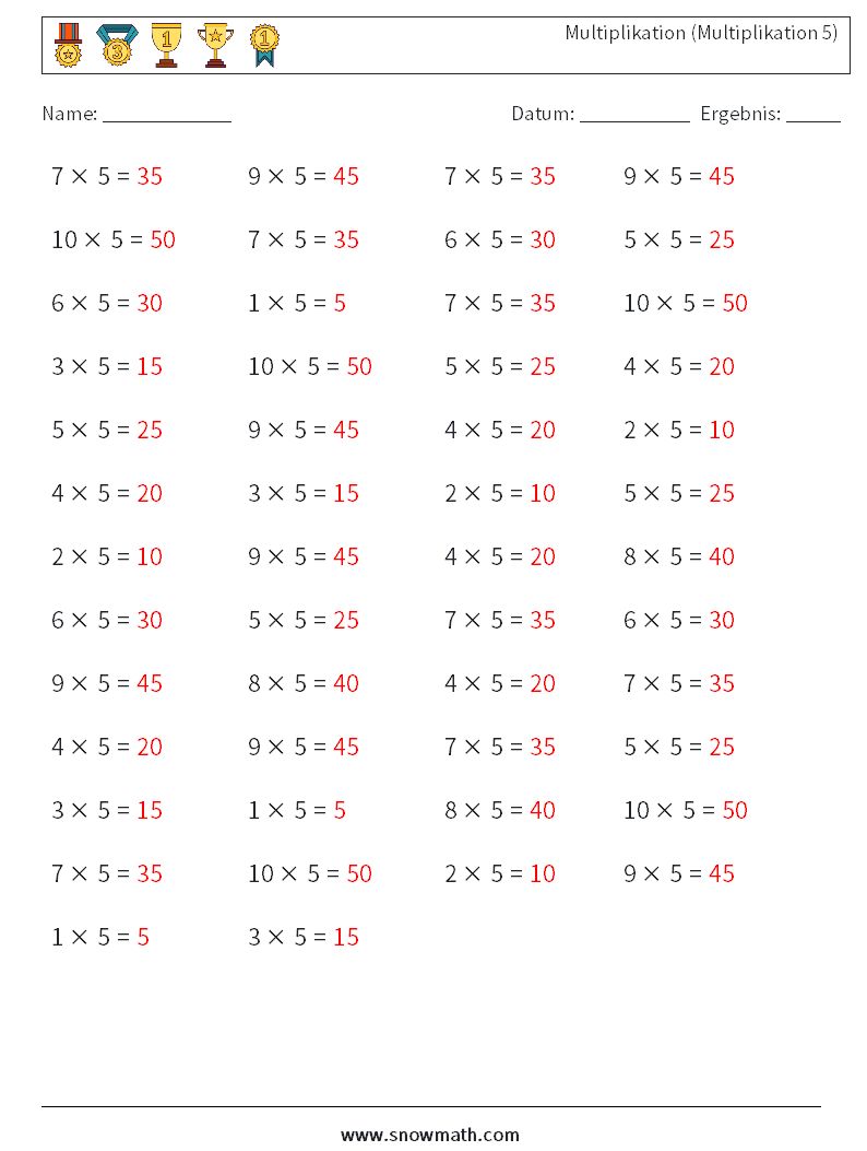 (50) Multiplikation (Multiplikation 5) Mathe-Arbeitsblätter 8 Frage, Antwort