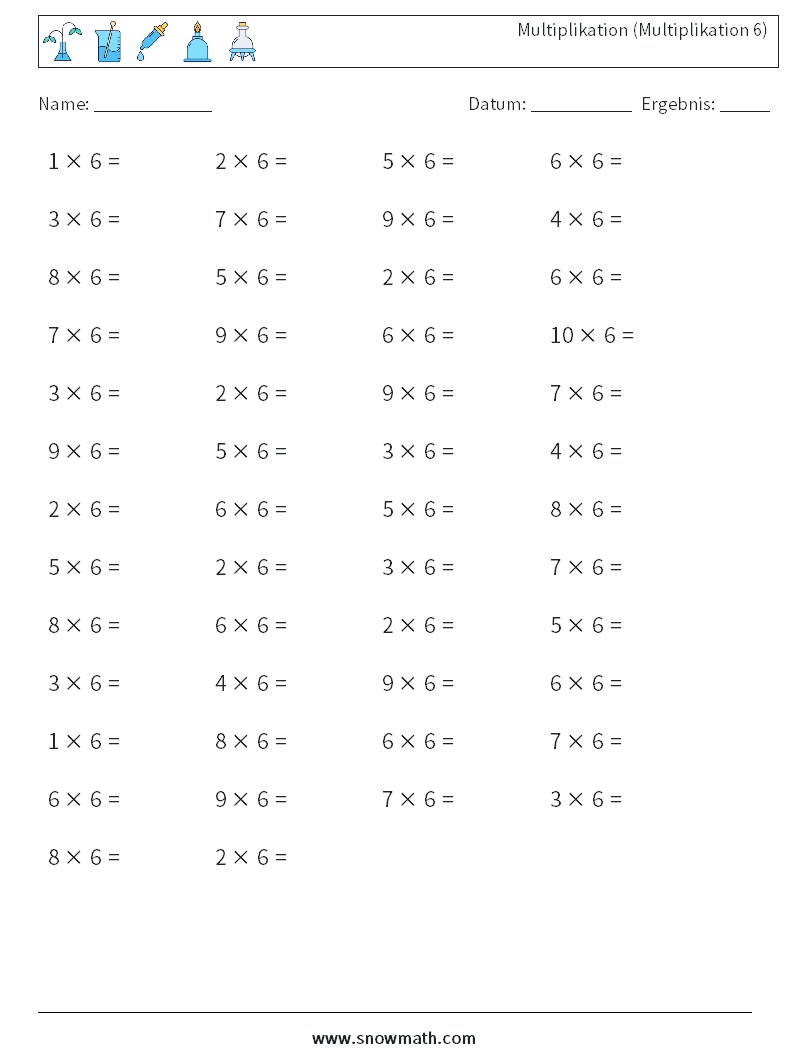 (50) Multiplikation (Multiplikation 6) Mathe-Arbeitsblätter 6