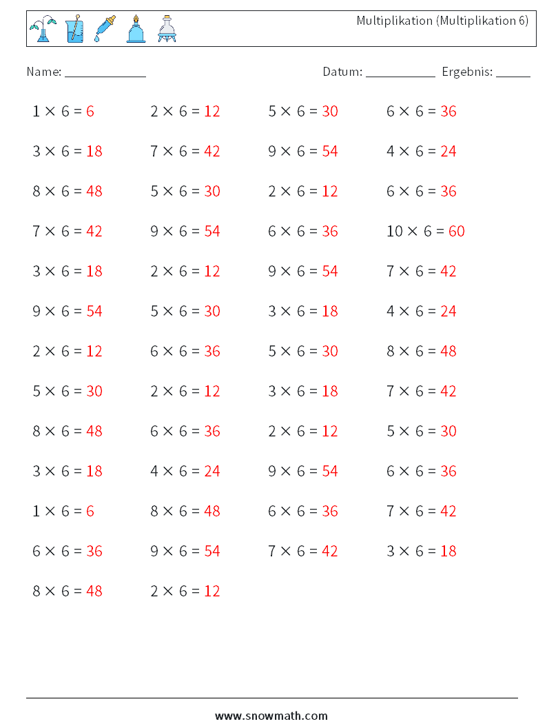 (50) Multiplikation (Multiplikation 6) Mathe-Arbeitsblätter 6 Frage, Antwort