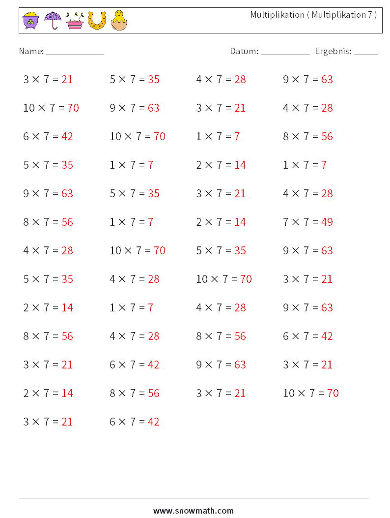 (50) Multiplikation ( Multiplikation 7 ) Mathe-Arbeitsblätter 1 Frage, Antwort