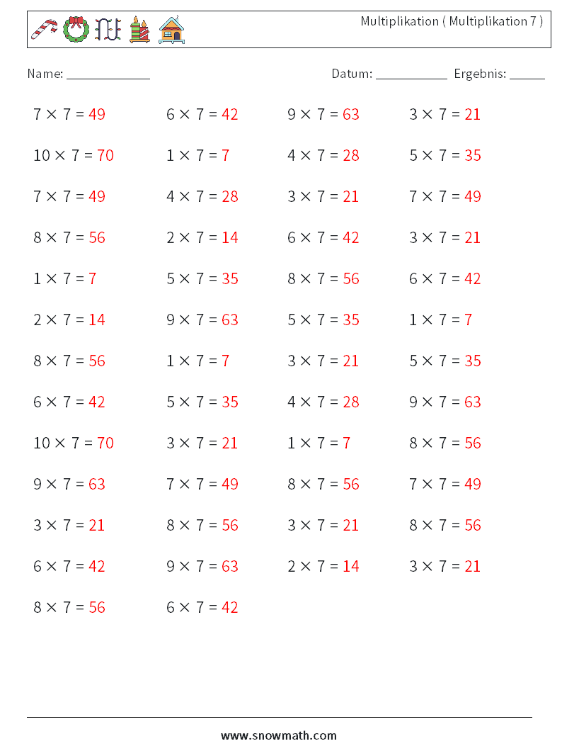(50) Multiplikation ( Multiplikation 7 ) Mathe-Arbeitsblätter 2 Frage, Antwort