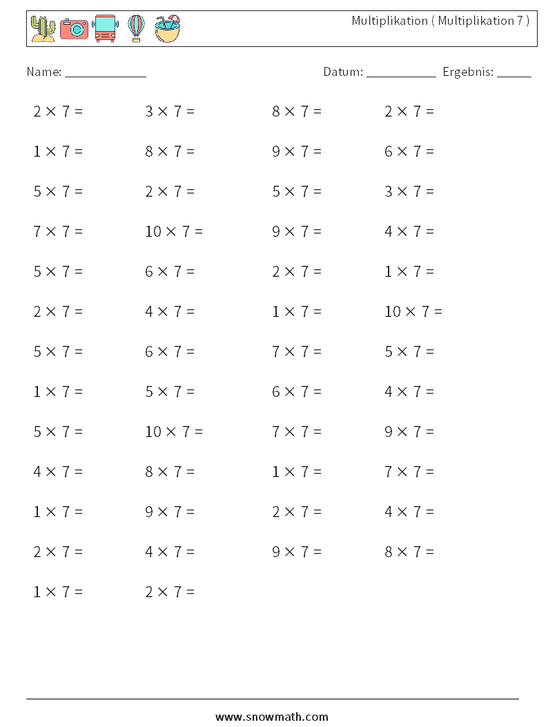 (50) Multiplikation ( Multiplikation 7 ) Mathe-Arbeitsblätter 3