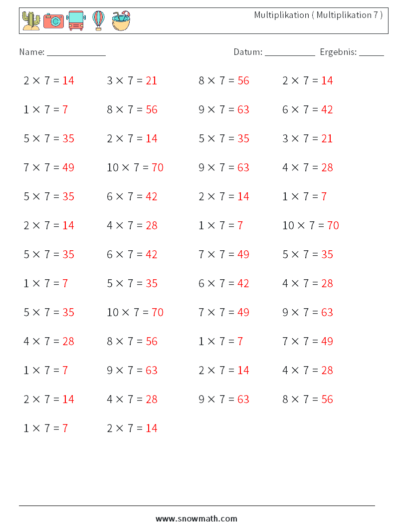 (50) Multiplikation ( Multiplikation 7 ) Mathe-Arbeitsblätter 3 Frage, Antwort