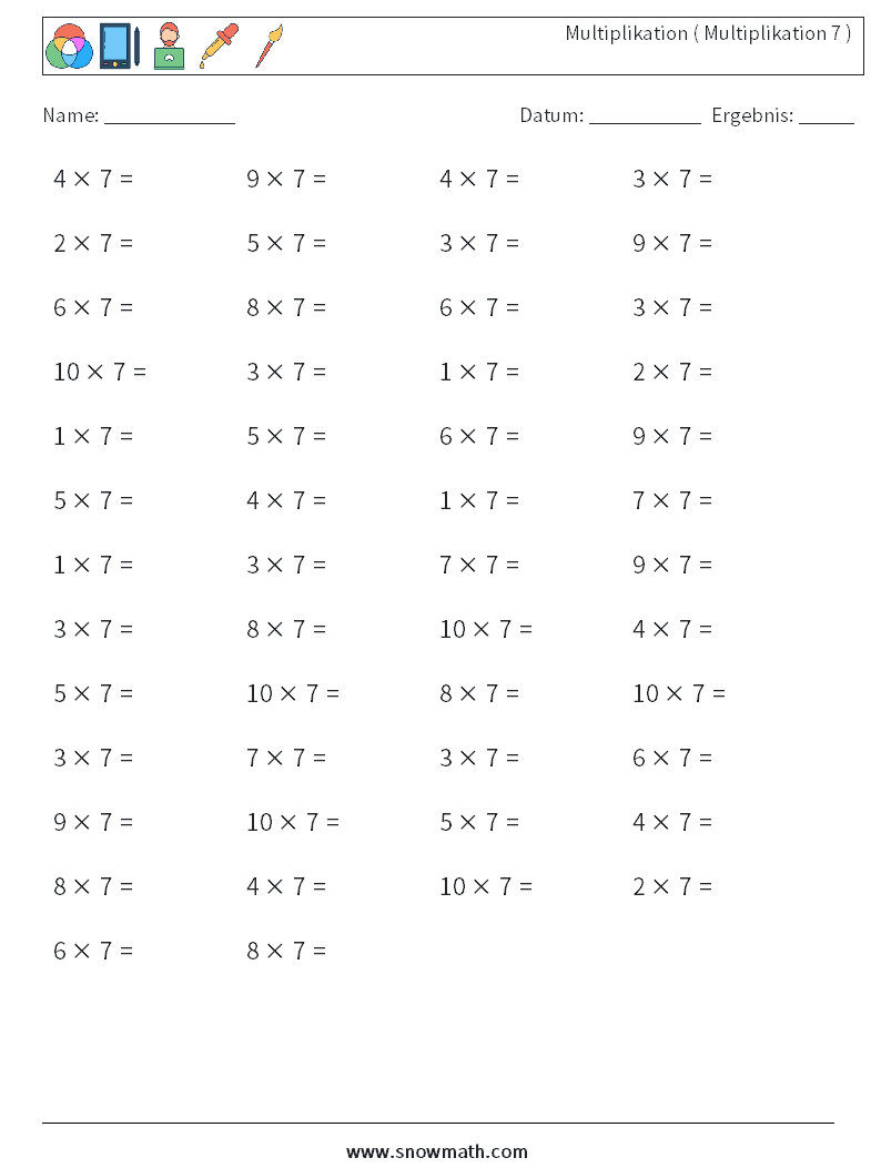 (50) Multiplikation ( Multiplikation 7 ) Mathe-Arbeitsblätter 4