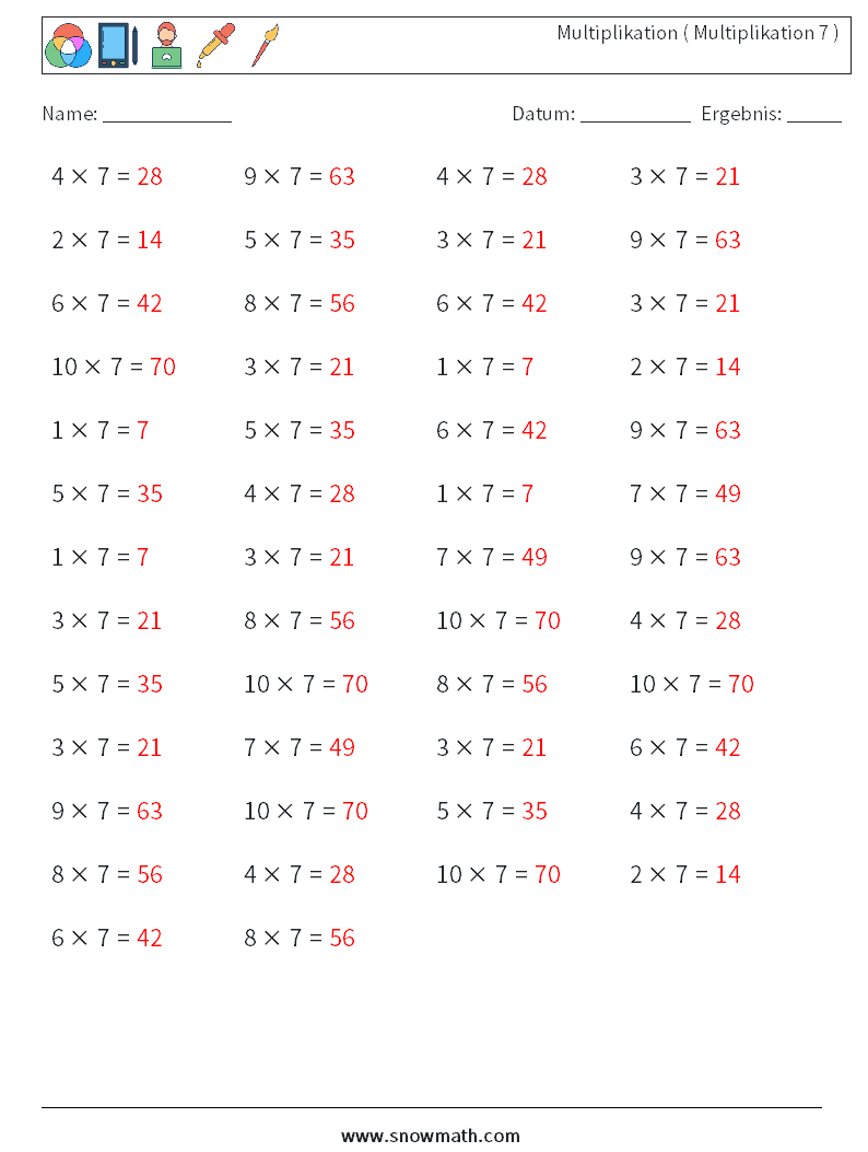 (50) Multiplikation ( Multiplikation 7 ) Mathe-Arbeitsblätter 4 Frage, Antwort