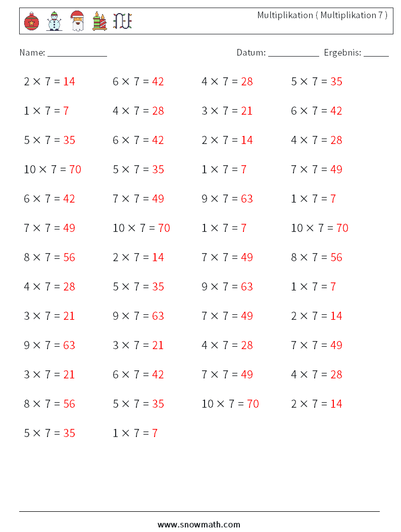 (50) Multiplikation ( Multiplikation 7 ) Mathe-Arbeitsblätter 5 Frage, Antwort