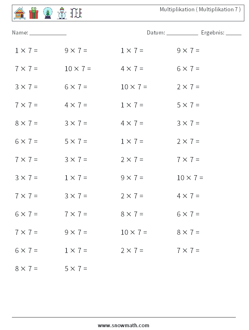 (50) Multiplikation ( Multiplikation 7 ) Mathe-Arbeitsblätter 7