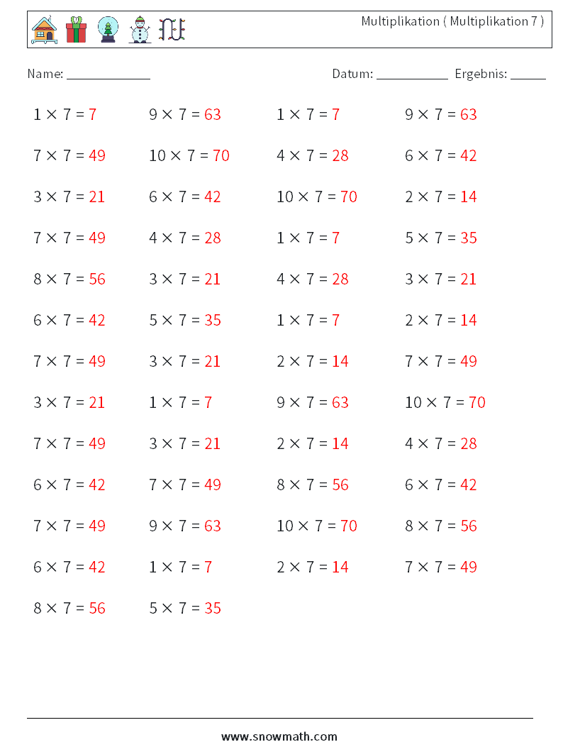 (50) Multiplikation ( Multiplikation 7 ) Mathe-Arbeitsblätter 7 Frage, Antwort