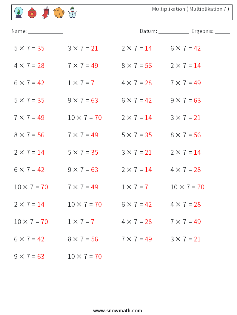 (50) Multiplikation ( Multiplikation 7 ) Mathe-Arbeitsblätter 8 Frage, Antwort