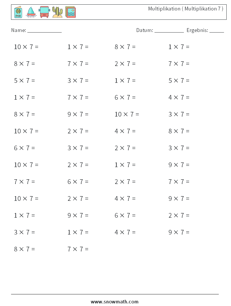 (50) Multiplikation ( Multiplikation 7 ) Mathe-Arbeitsblätter 9