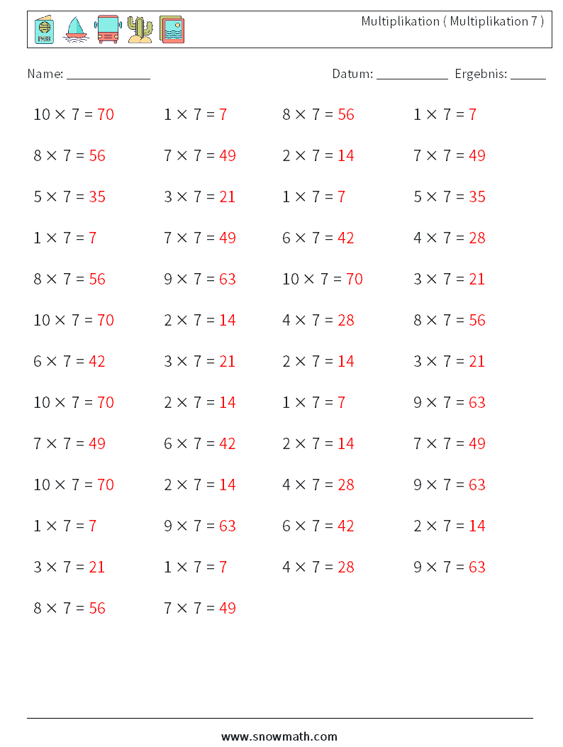 (50) Multiplikation ( Multiplikation 7 ) Mathe-Arbeitsblätter 9 Frage, Antwort