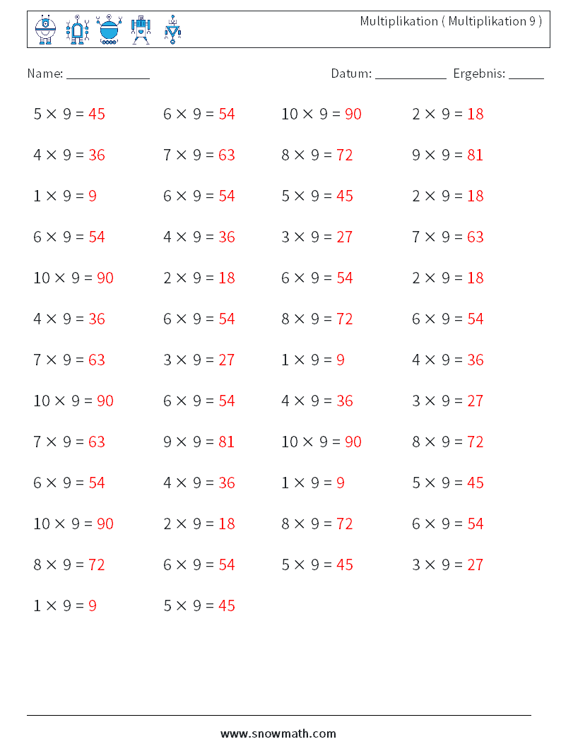 (50) Multiplikation ( Multiplikation 9 ) Mathe-Arbeitsblätter 6 Frage, Antwort