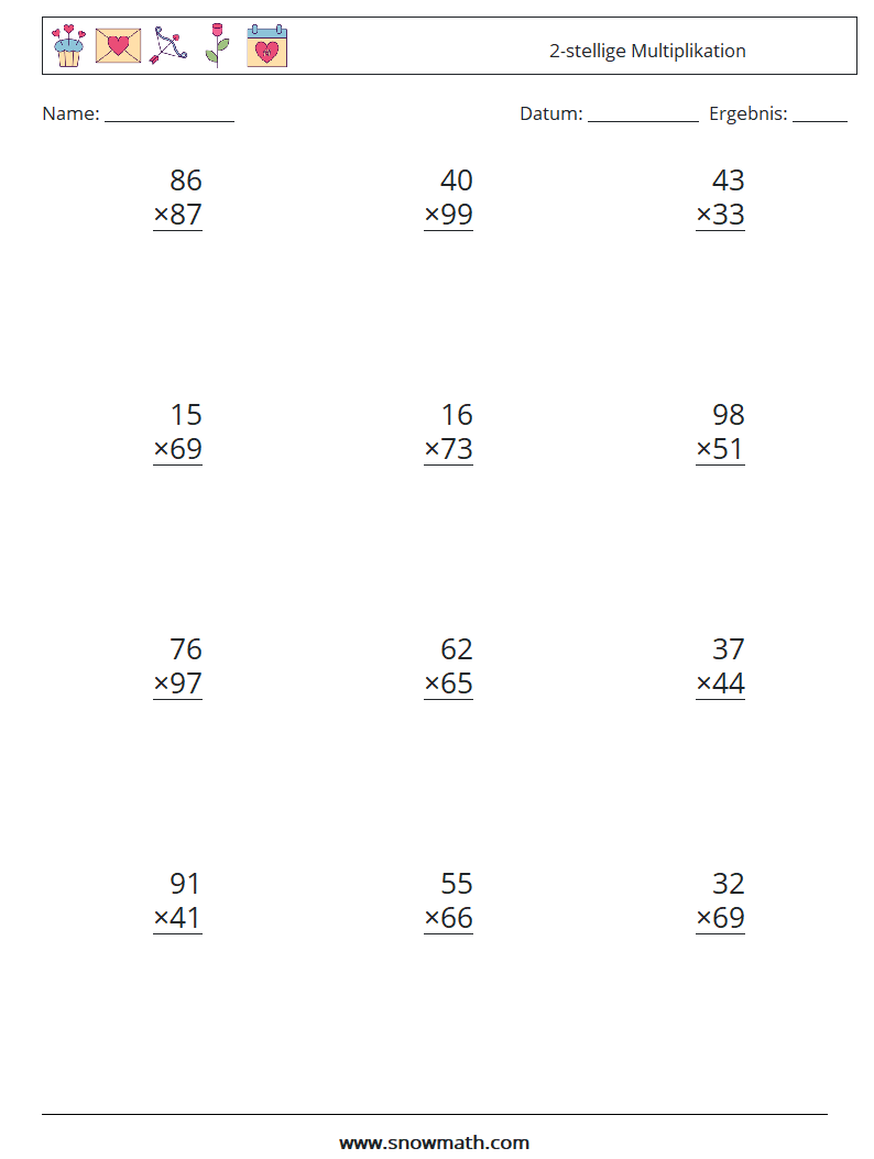 (12) 2-stellige Multiplikation Mathe-Arbeitsblätter 5