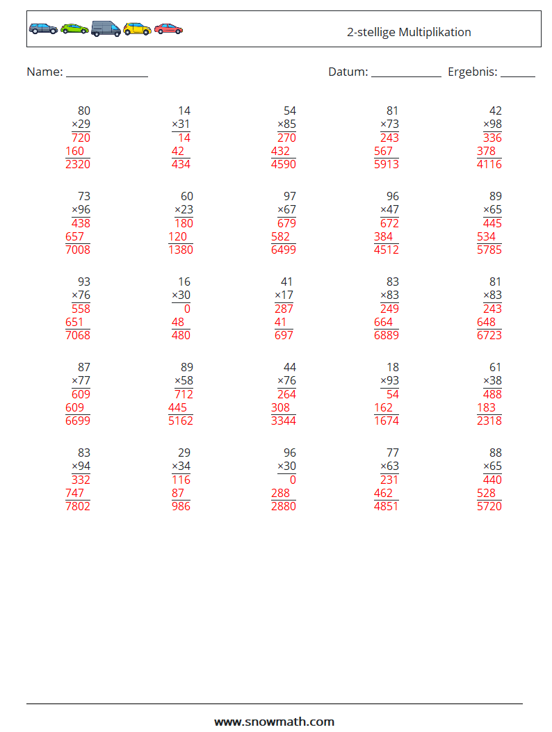 (25) 2-stellige Multiplikation Mathe-Arbeitsblätter 10 Frage, Antwort