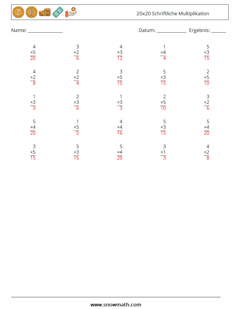 (25) 20x20 Schriftliche Multiplikation Mathe-Arbeitsblätter 10 Frage, Antwort